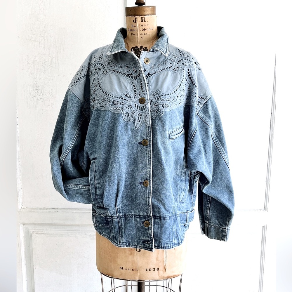 VTG 80s Lace Doily Denim Light Blue Jacket XL oversize